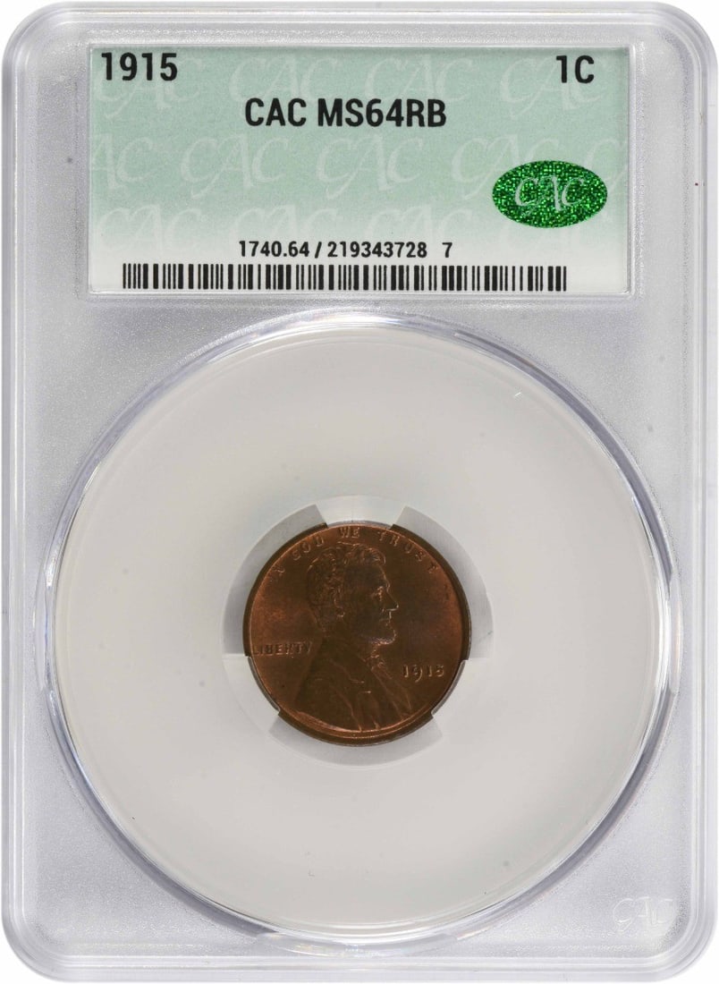 Lincoln Cent MS64RB CACG: Lincoln Cent MS64RB CACG The Lincoln Cent MS64RB CACG is an uncirculated copper coin featuring the iconic Lincoln Wheat design, minted in 1915. With a grade of MS64 and certification from CACG, this c