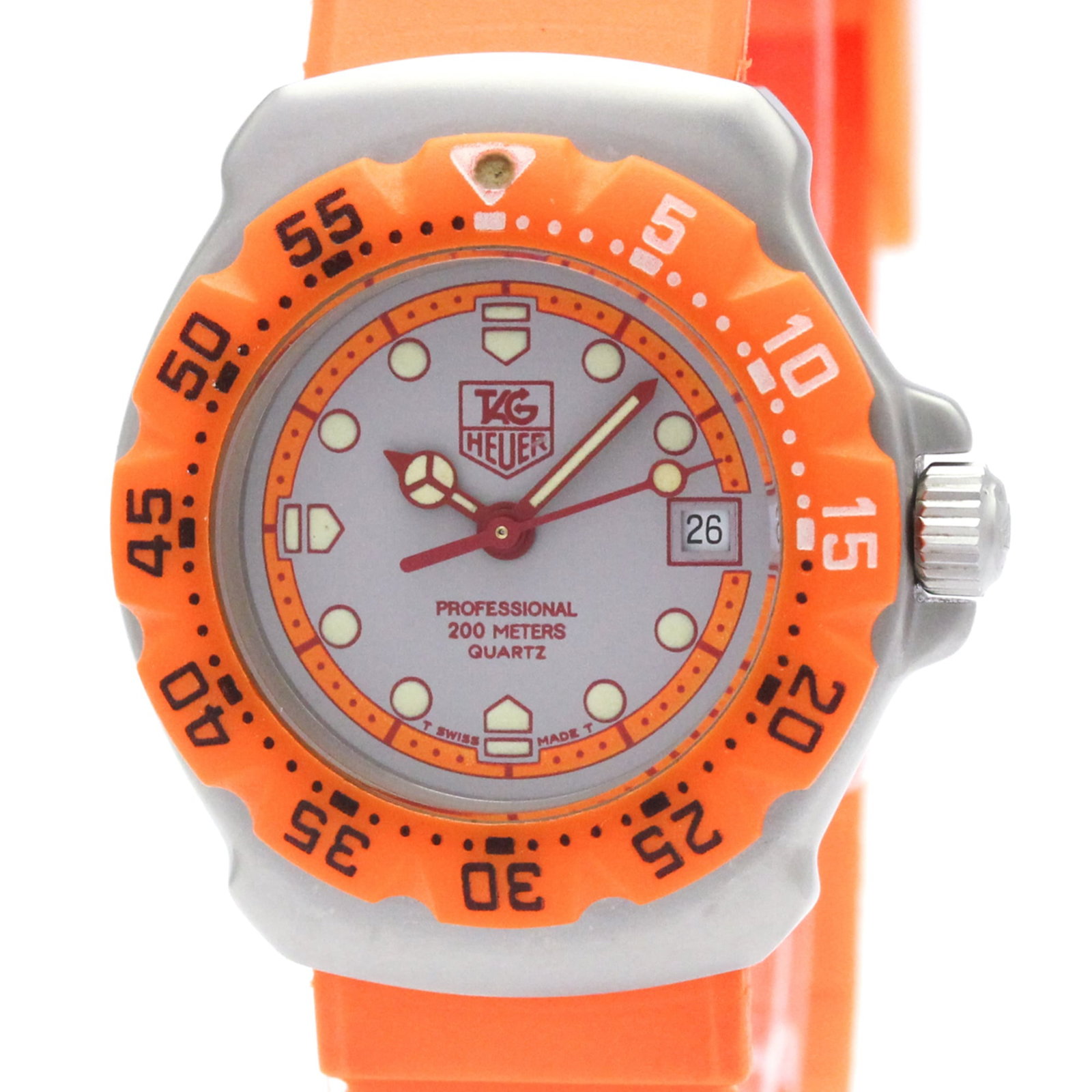 Wristwatch by Tag Heuer: Wristwatch by Tag Heuer Stainless steel case and rubber band provide a sporty look, while the gray dial adds a touch of sophistication. This quartz-powered wristwatch features date functionality and w
