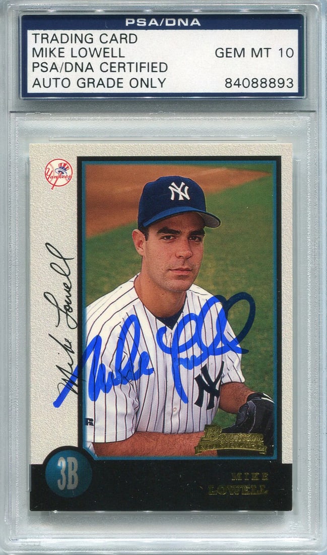 Autographed PSA/ DNA 1998 Bowman Rookie Card by Mike Lowell: Autographed PSA/ DNA 1998 Bowman Rookie Card by Mike Lowell Mike Lowell's 1998 Bowman Rookie Card boasts the sharpie signature of the former MLB star, verified by PSA/DNA for its authenticity. Graded 