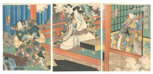 Kunikazu Kabuki Shinkoki Print Triptych Japanese Woodblock 1859: Kunikazu Kabuki Shinkoki Print Triptych Japanese Woodblock 1859 Item Specifics: Artist: Kunikazu Subject: Kabuki Play Material: Paper Style: Japanese Year Of Production: 1859 Product Disclaimer: Pleas