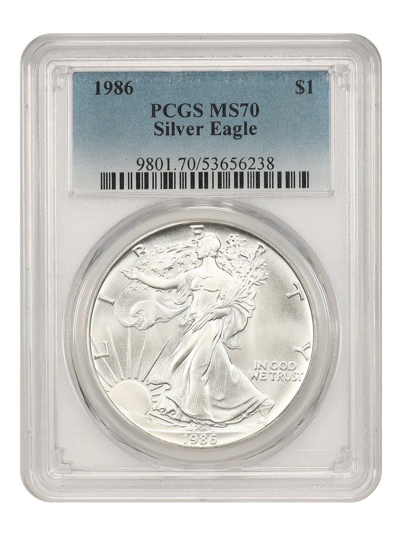 1986 $1 Silver Eagle PCGS MS70 - Silver Eagles: 1986 $1 Silver Eagle PCGS MS70 - Silver Eagles The 1986 $1 Silver Eagle, graded MS70 by PCGS, boasts exceptional mint state condition. This uncirculated coin features the iconic American design and is