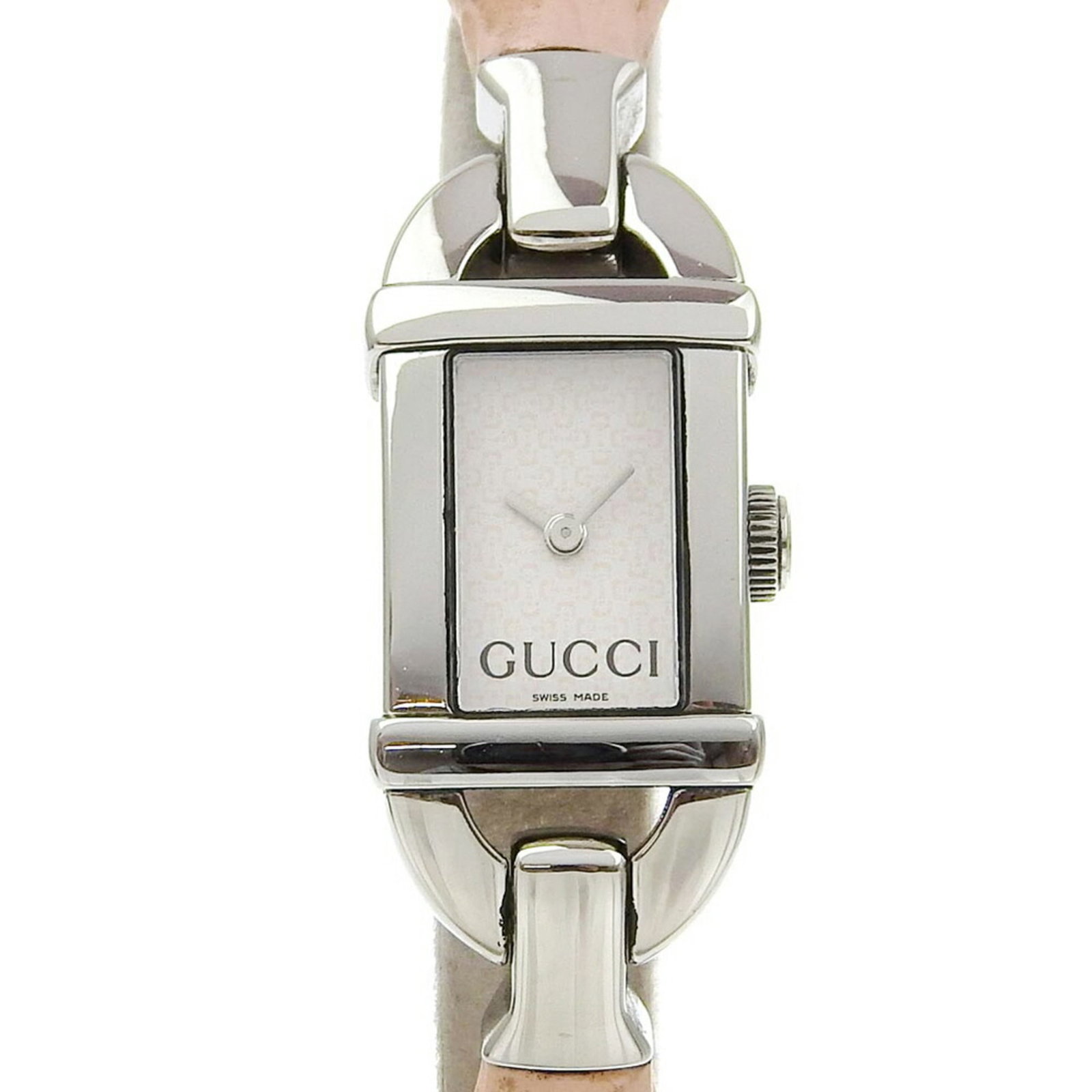 Wristwatch from Gucci: Wristwatch from Gucci Stainless steel case and rubber band create a sleek, modern look. The white dial stands out against the neutral background, adding a touch of elegance to this Gucci wristwatch.