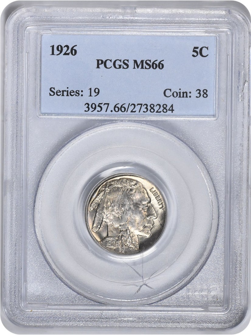 Buffalo Nickel MS66 PCGS: Buffalo Nickel MS66 PCGS MS66 graded Buffalo Nickel from 1926, certified by PCGS as Circulated/Uncirculated Uncirculated. This coin features the iconic design of James Earle Fraser's buffalo nickel, w