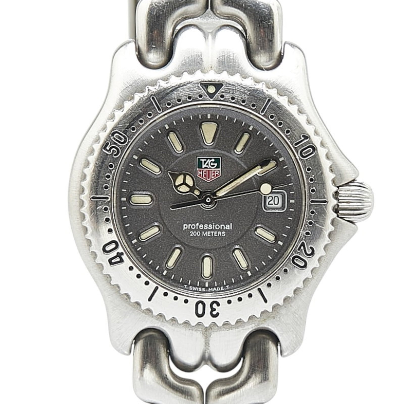 Wristwatch by Tag Heuer: Wristwatch by Tag Heuer Stainless steel case and band, the Tag Heuer wristwatch boasts a sleek gray dial. Water-resistant up to 200m, this quartz-powered timepiece is designed for everyday wear. With 