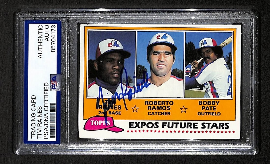 1981 TOPPS RC Tim Raines HOF Signed/ Auto Card #479 Expos PSA/ DNA 203956: 1981 TOPPS RC Tim Raines HOF Signed/ Auto Card #479 Expos PSA/ DNA 203956 Signed by artist in 1981, this Topps RC Tim Raines auto card #479 features the Expos player's signature on a piece of