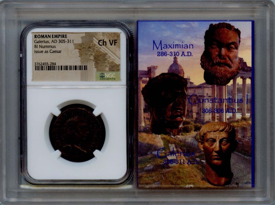 Galerius, AD 305-311 ROMAN BI Nummus NGC VF30 Story Vault: Galerius, AD 305-311 ROMAN BI Nummus NGC VF30 Story Vault NGC VF30 graded Ancient Roman bi nummus from AD 305-311, bearing the mark of Galerius. This coin features a notable date range and denominatio