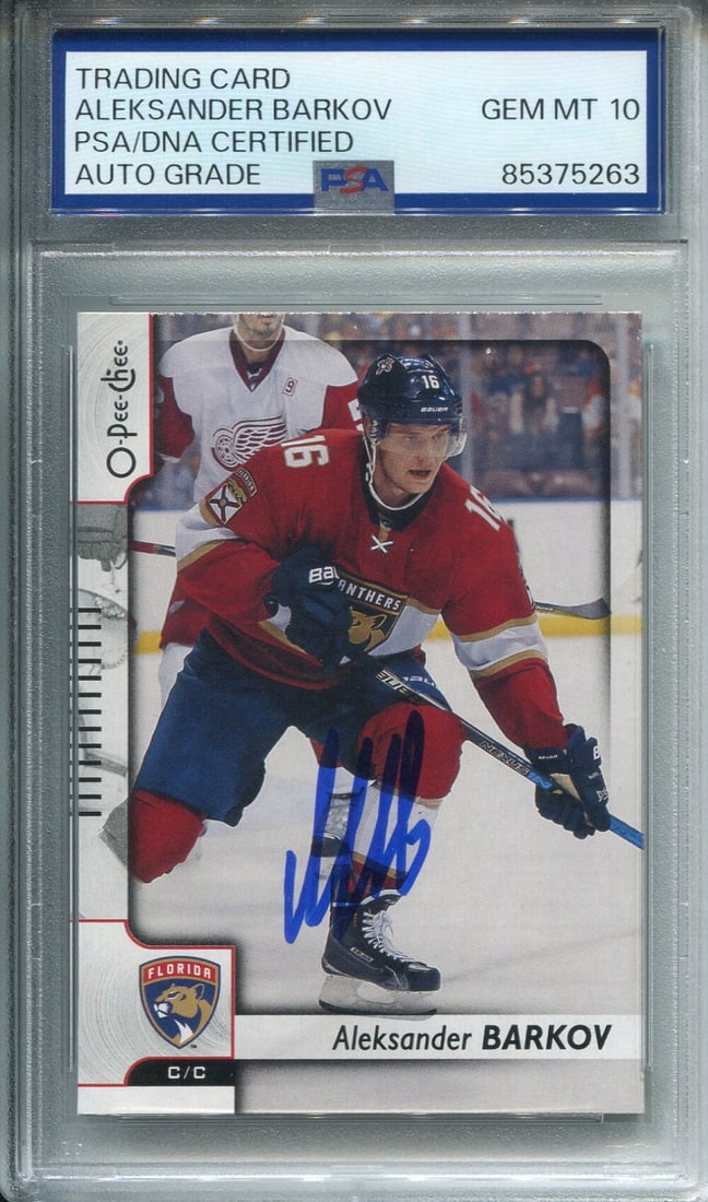 Aleksander Barkov Autographed O-Pee-Chee Card PSA Auto Grade 10: Aleksander Barkov Autographed O-Pee-Chee Card PSA Auto Grade 10 Aleksander Barkov's skill on the ice translates to his impressive autograph on this PSA graded O-Pee-Chee card, boasting a perfect 10