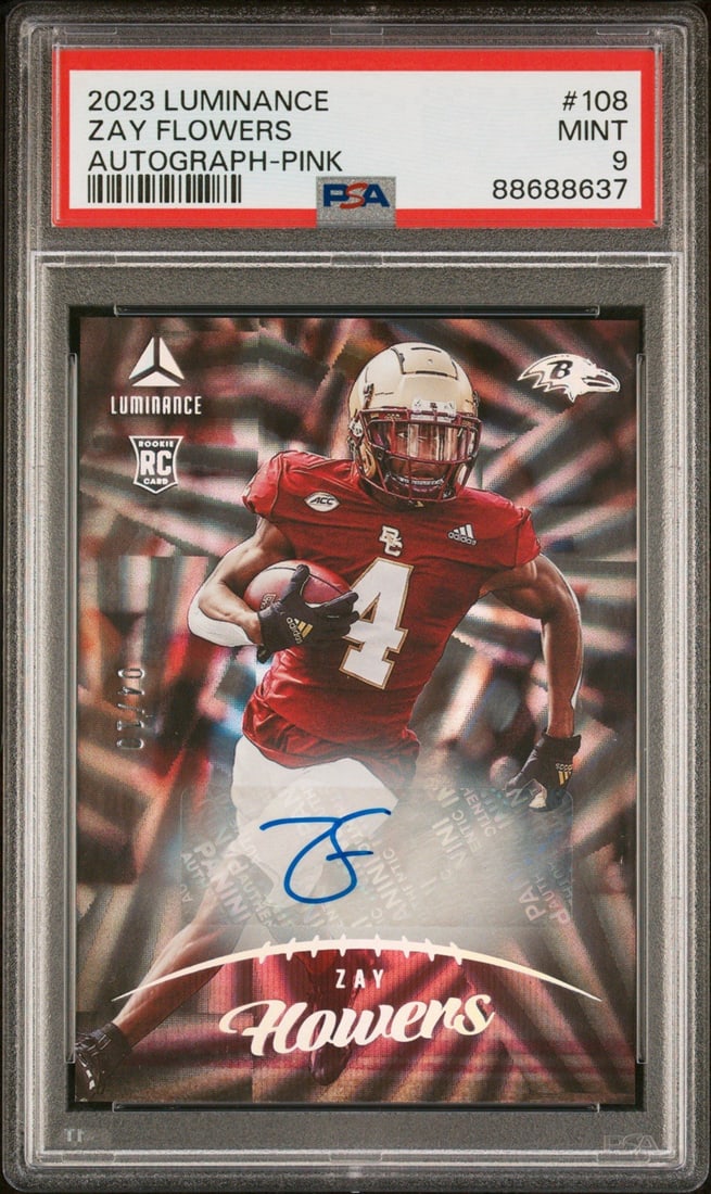 2023 PANINI LUMINANCE ZAY FLOWERS #108 PINK AUTO/ 10 PSA 9 JERSEY MATCH: 2023 PANINI LUMINANCE ZAY FLOWERS #108 PINK AUTO/ 10 PSA 9 JERSEY MATCH Signed by Zay Flowers in pink ink, this 2023 Panini Luminance jersey card boasts a PSA 9 grade and certification number 88688637