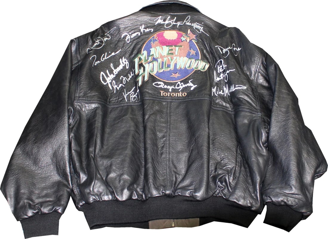 MLB All Star's Autographed Planet Hollywood Leather Jacket (JSA): MLB All Star's Autographed Planet Hollywood Leather Jacket (JSA) Authentic MLB All Star's Autographed Planet Hollywood Leather Jacket, bearing the signatures of 12 notable players, including Kevin Bro