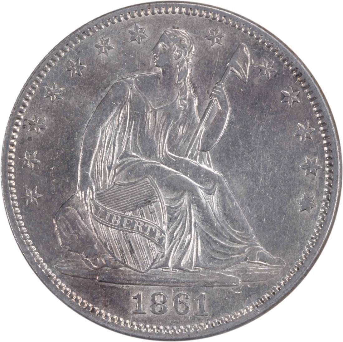 Liberty Seated Half Dollar AU Slider Uncertified 1861: Liberty Seated Half Dollar AU Slider Uncertified 1861 The Liberty Seated Half Dollar, minted in Philadelphia in 1861, boasts a rich history with its reeded edge and 90% silver composition. This AU sli