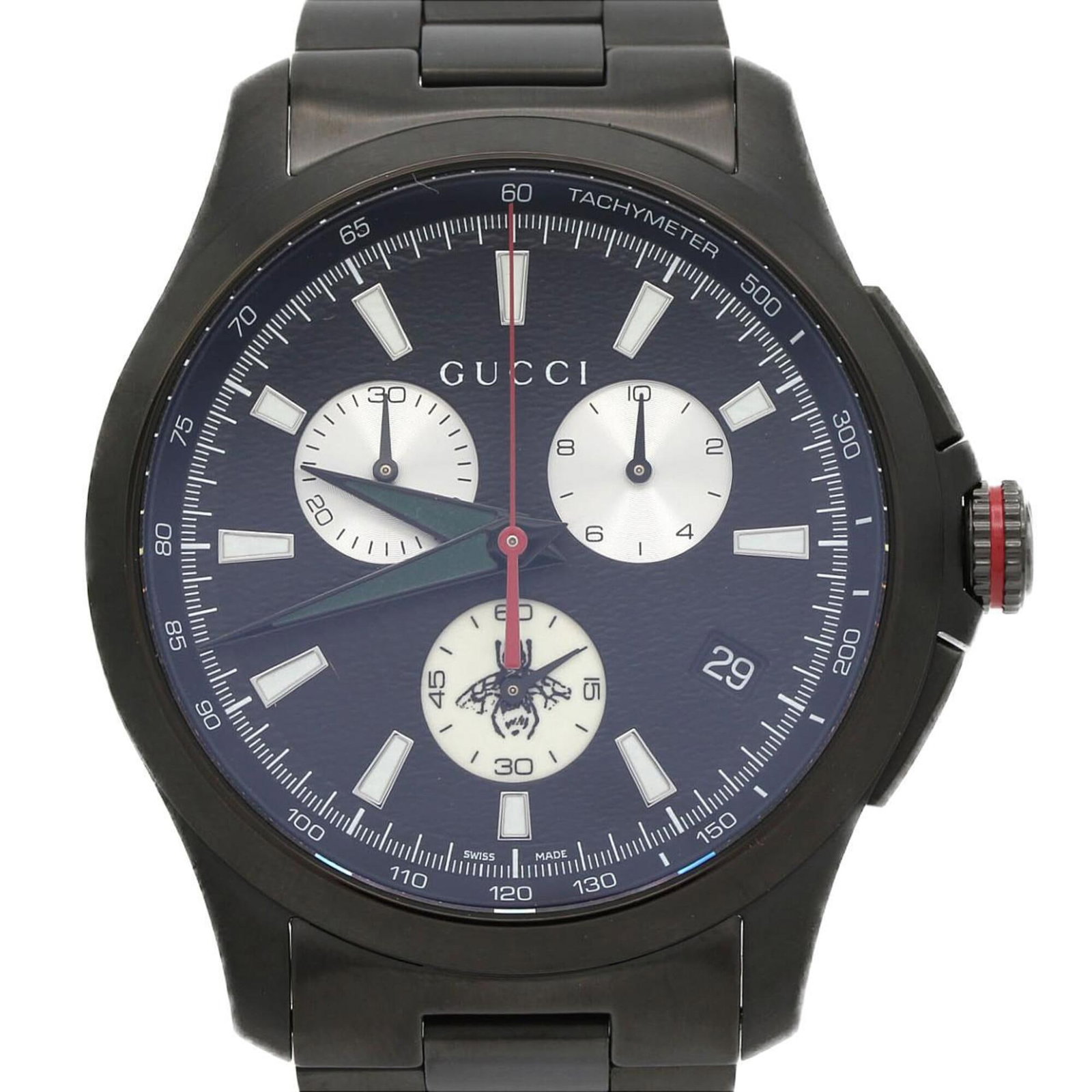 Wristwatch from Gucci: Wristwatch from Gucci Stainless steel case and band add a sleek touch to this Gucci wristwatch, featuring a black dial with silver accents. The quartz movement keeps time with precision, while the 45m