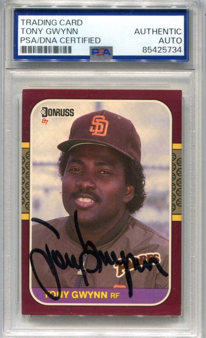 Tony Gwynn 1987 Donruss PSA Auto Authentic Autographed Card: Tony Gwynn 1987 Donruss PSA Auto Authentic Autographed Card Tony Gwynn's 1987 Donruss card features his autograph, a notable aspect of the autographed item. The PSA Auto Authentic designation adds an 