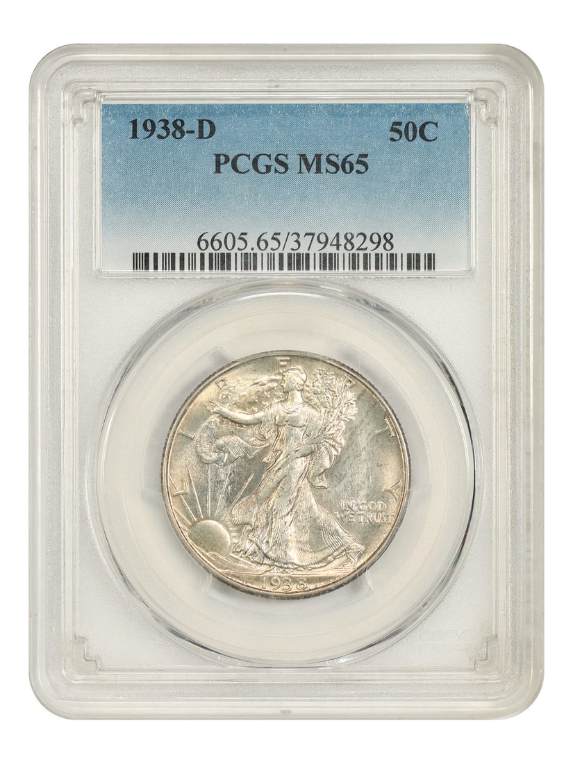 Walking Liberty Half Dollar 1938-D 50C MS65 Low Mintage: Walking Liberty Half Dollar 1938-D 50C MS65 Low Mintage The Walking Liberty Half Dollar 1938-D, graded MS65 by PCGS, boasts the distinctive design of Frank Gasparro's portrait and a low mintage that m