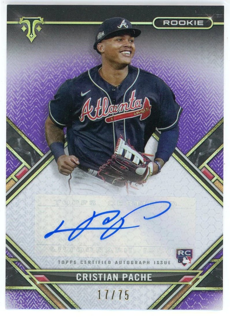 Christian Pache Autographed 2021 Topps Triple Threads Card Rookie CP: Christian Pache Autographed 2021 Topps Triple Threads Card Rookie CP Christian Pache's rookie card from the 2021 Topps Triple Threads set, featuring his factory-signed autograph in blue sharpie