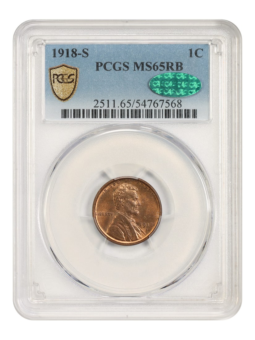 1918-S 1C PCGS/ CAC MS65RB - Lincoln Cent (Wheat Reverse) - Popular S-Mint: 1918-S 1C PCGS/ CAC MS65RB - Lincoln Cent (Wheat Reverse) - Popular S-Mint 1918-S Lincoln Cent in MS65RB condition, showcasing its rich bronze color and well-preserved details. Certified by PCGS as a