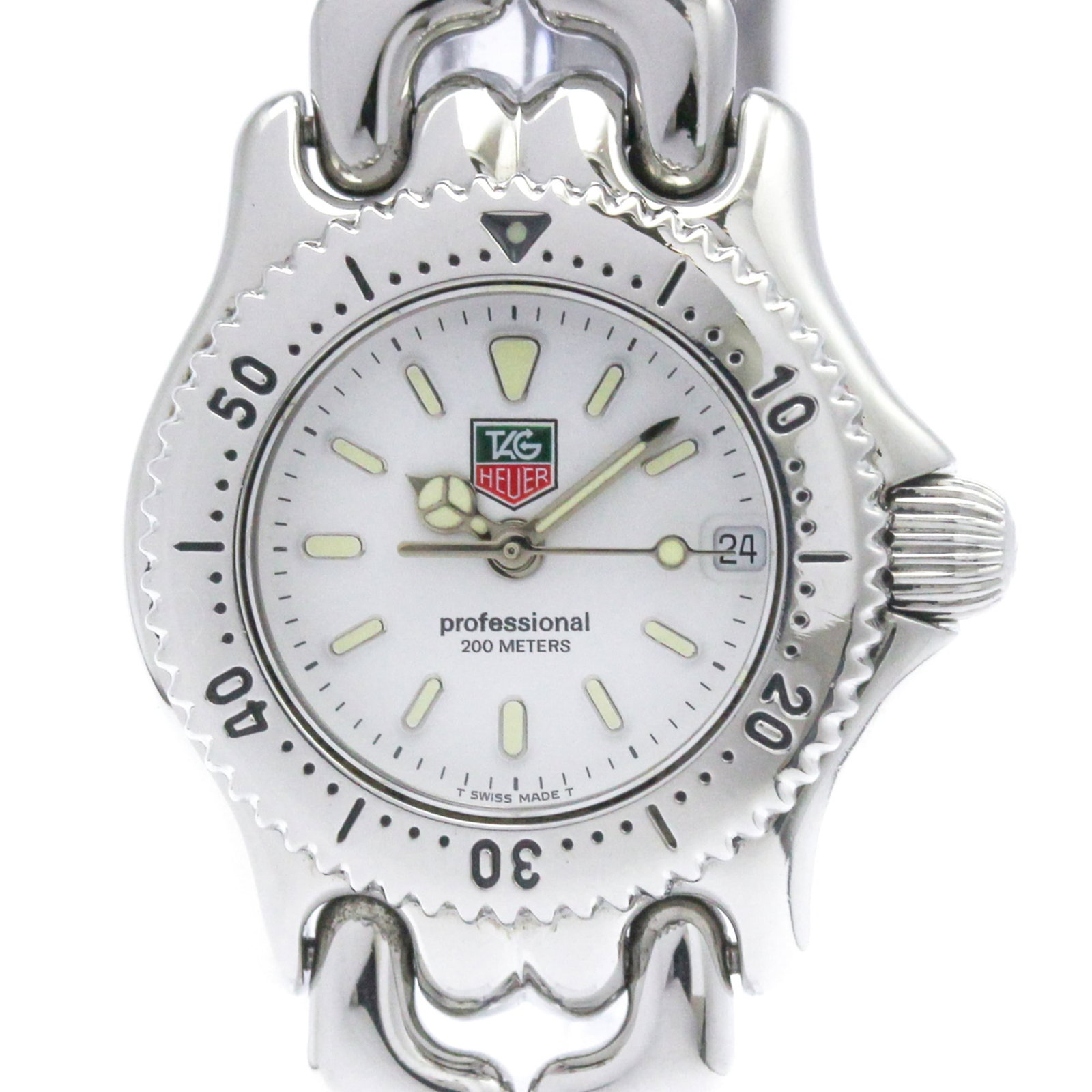Wristwatch by Tag Heuer: Wristwatch by Tag Heuer Stainless steel case and band add a sleek touch to this white quartz wristwatch by Tag Heuer, featuring a classic dress style. The watch measures just 24mm in diameter and