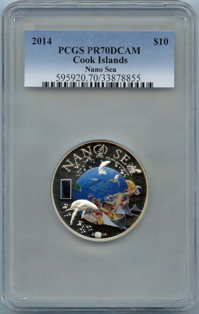 2014 $10 Cook Islands Nano Sea PCGS PR70CAM: 2014 $10 Cook Islands Nano Sea PCGS PR70CAM The 2014 $10 Cook Islands Nano Sea PCGS PR70CAM features a stunning cameo appearance, showcasing exceptional detail and luster. Certified by the