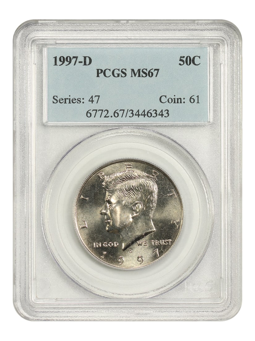 1997-D 50C PCGS MS67 - Kennedy Half Dollar: 1997-D 50C PCGS MS67 - Kennedy Half Dollar The 1997-D 50C PCGS MS67 Kennedy Half Dollar boasts exceptional condition, earning the prestigious MS67 grade from the Professional Coin Grading Service. Thi