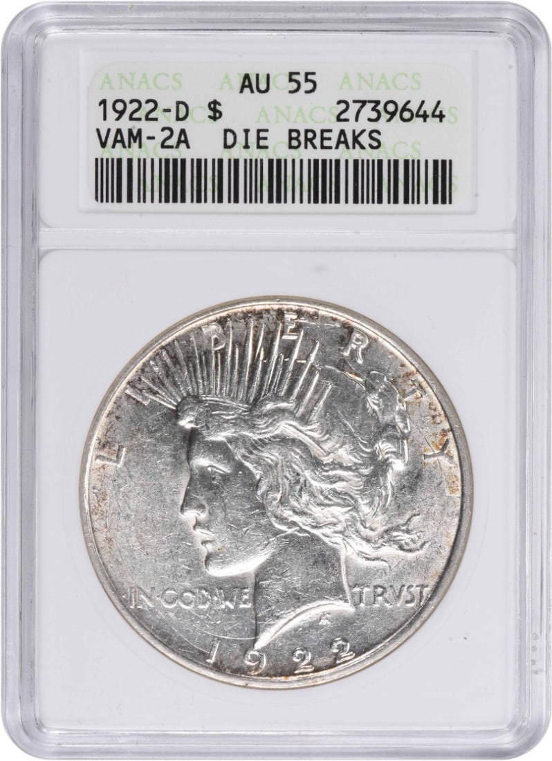 1922-D VAM 2A Peace Silver Dollar Die Break AU55 ANACS: 1922-D VAM 2A Peace Silver Dollar Die Break AU55 ANACS The 1922-D VAM 2A Peace Silver Dollar Die Break features a notable die break, adding visual interest to its circulated condition. Certified by AN