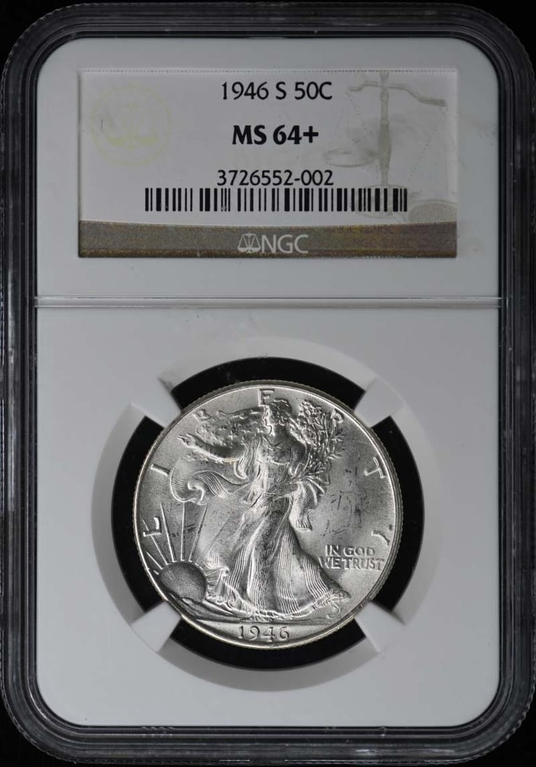 MS64+ Walking Liberty Half Dollar 50c 1946-S: MS64+ Walking Liberty Half Dollar 50c 1946-S MS64+ Walking Liberty Half Dollar 50c 1946-S, certified by NGC with a high grade of MS64+, showcases exceptional detail and luster in uncirculated conditio