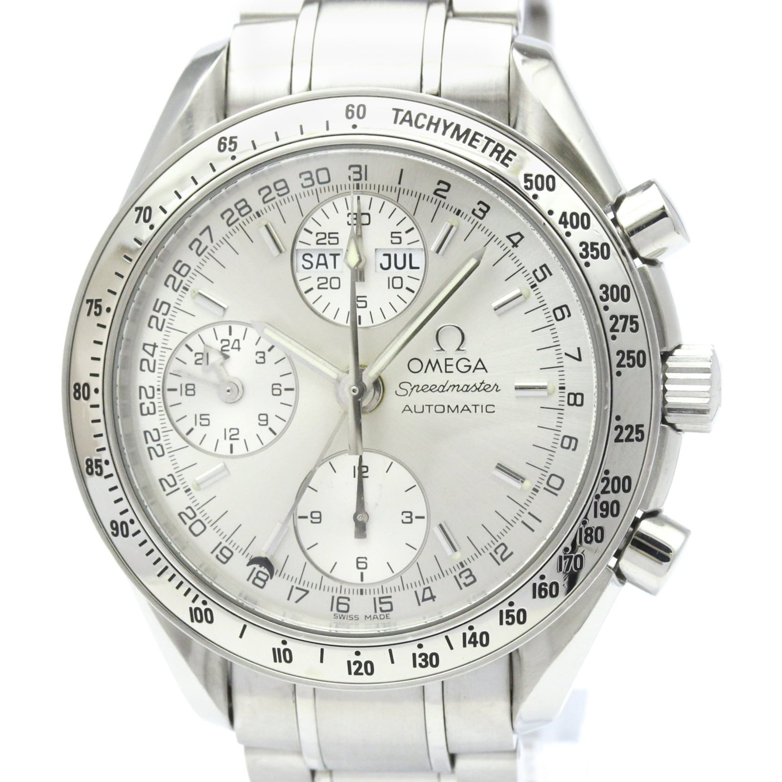 Omega Wristwatch: Omega Wristwatch The Omega Speedmaster 3523.30 is a stainless steel wristwatch with a silver dial, featuring a self-winding automatic movement and chronograph function. Weighing in at 130g, its sporty