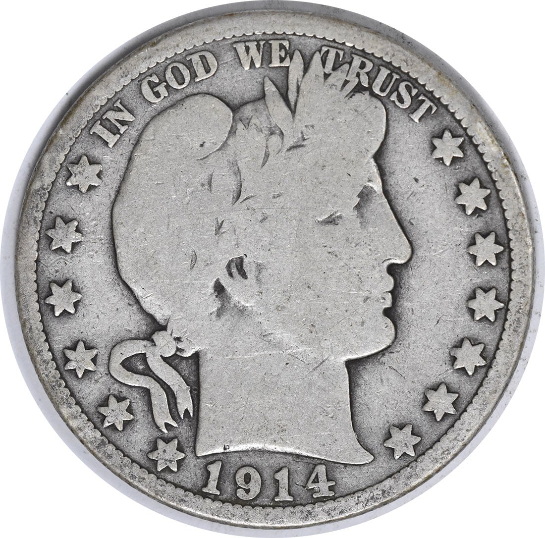 1914 Barber Silver Half Dollar VG Uncertified: 1914 Barber Silver Half Dollar VG Uncertified The 1914 Barber Silver Half Dollar is a circulated coin with a grade of VG, bearing the signature of its artist. Made from silver and featuring the iconic