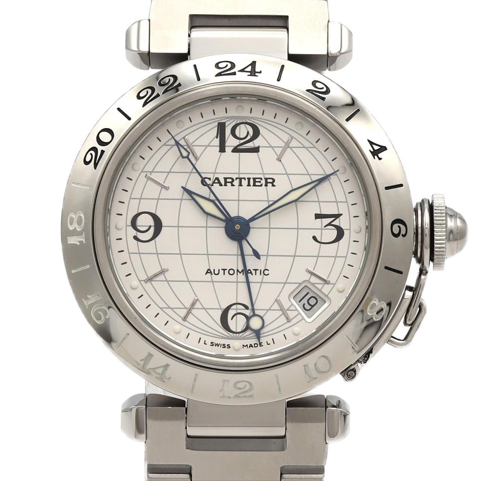 Cartier Wristwatch: Cartier Wristwatch Stainless steel case and band, paired with a silver dial, make for a sleek and modern design. This self-winding automatic wristwatch features a compact 35mm diameter and adjustable 