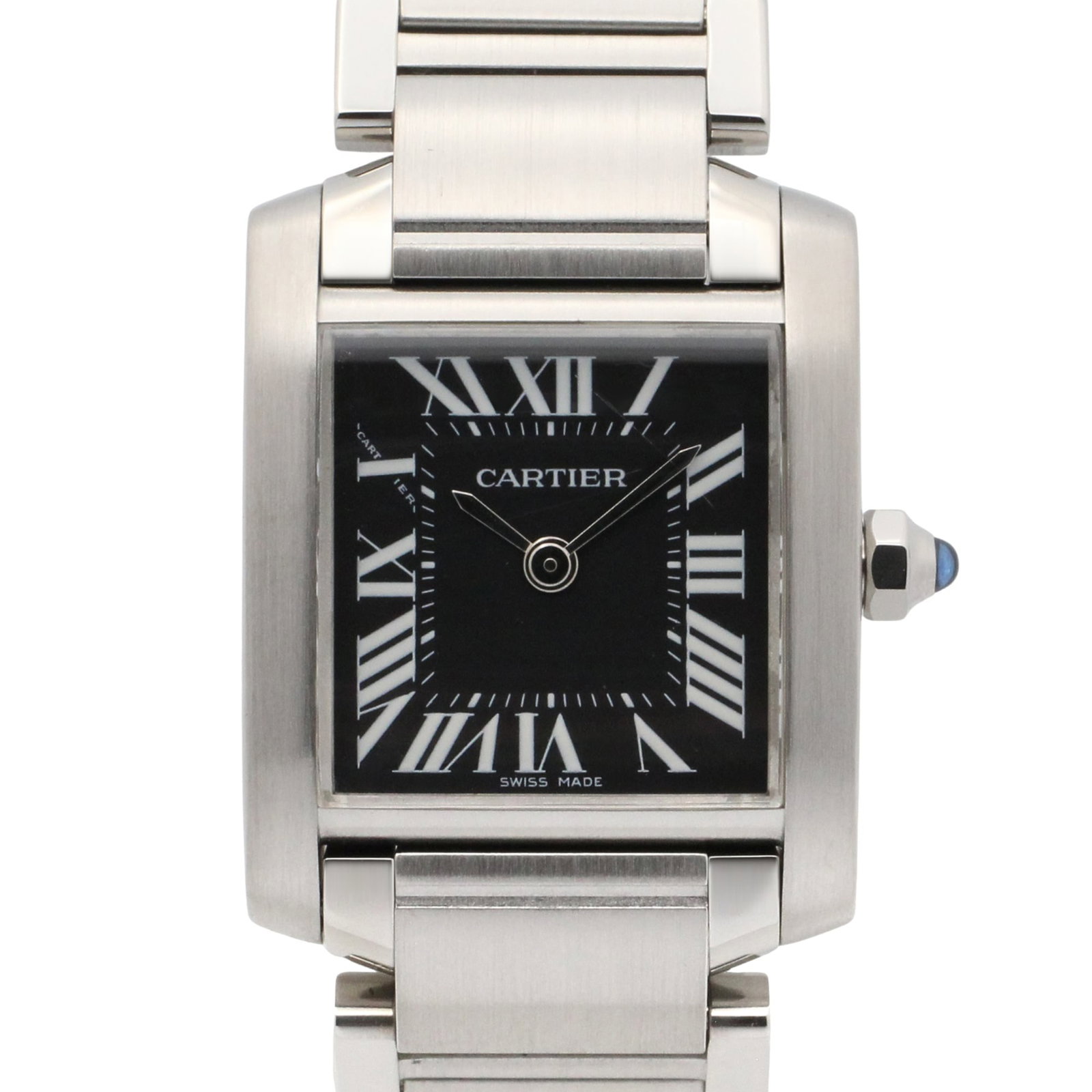 Cartier Wristwatch: Cartier Wristwatch Stainless steel case and band add a sleek touch to this Cartier wristwatch, featuring a black dial. Quartz movement keeps time with precision, while the 20mm diameter case fits comf