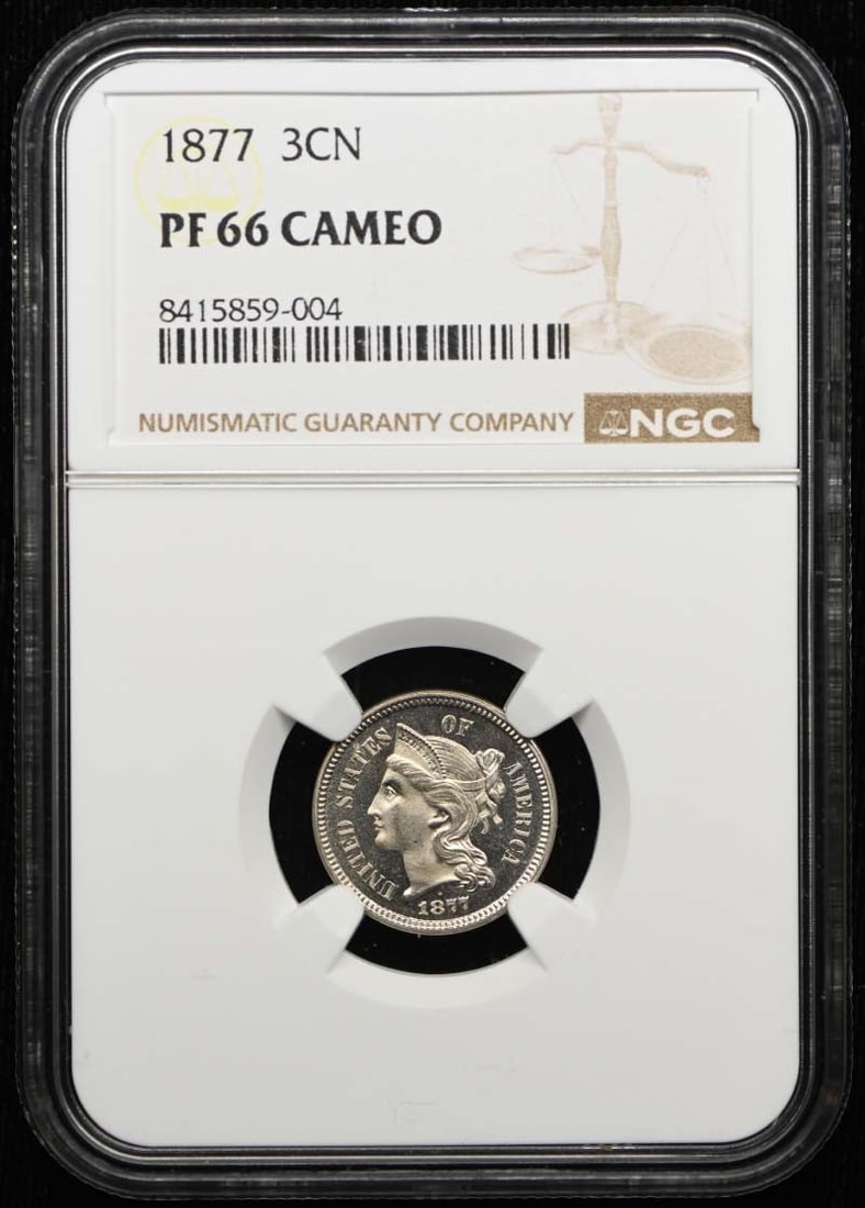 1877 Three Cent Piece - Copper Nickel 3CN NGC PR66CAM: 1877 Three Cent Piece - Copper Nickel 3CN NGC PR66CAM Copper Nickel Three Cent Piece from 1877, graded PR66 by the Numismatic Guaranty Corporation (NGC), showcases exceptional condition and detail. Th