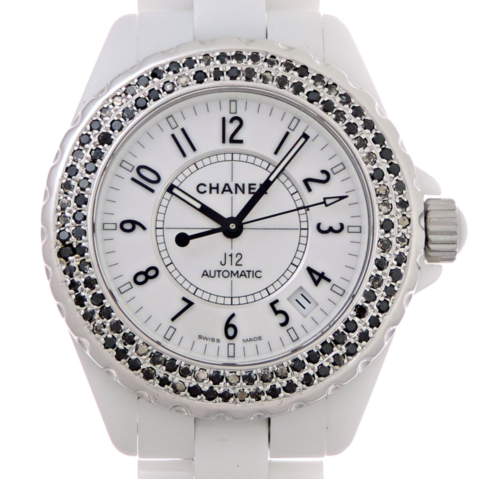Chanel Wristwatch: Chanel Wristwatch Ceramic and stainless steel blend in this sleek Chanel J12 wristwatch, featuring a white dial and automatic self-winding movement. The 38mm case diameter fits comfortably on wrists