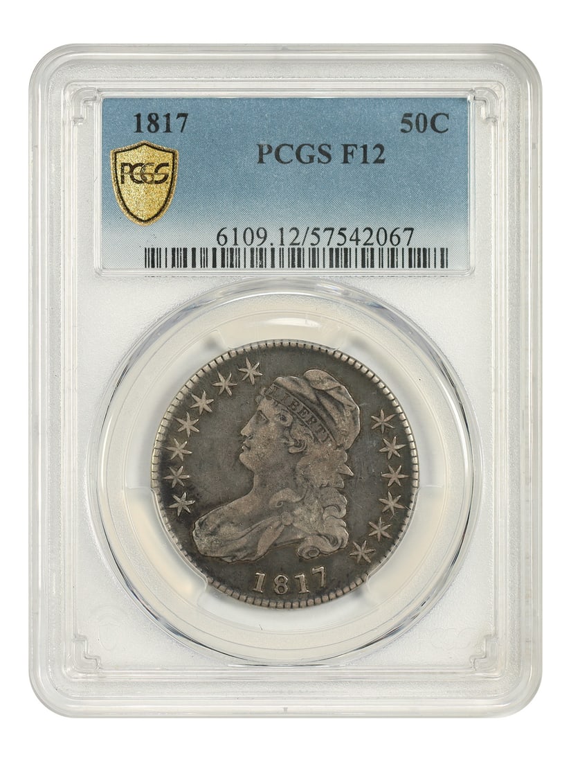 PCGS Fine 50C Half Dollar Capped Bust: PCGS Fine 50C Half Dollar Capped Bust PCGS Fine 50C Half Dollar Capped Bust, minted in Philadelphia in 1817. This circulated coin features the iconic Capped Bust design and bears a PCGS certification 