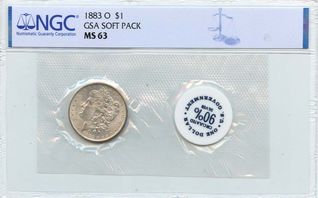 1883-O Morgan Dollar GSA SOFT PACK S$1 NGC MS63: 1883-O Morgan Dollar GSA SOFT PACK S$1 NGC MS63 Soft-packed and certified by the Numismatic Guaranty Corporation (NGC) as MS63, this 1883-O Morgan Dollar features a high grade of condition. With its