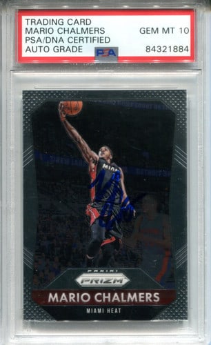 Mario Chalmers Autographed 2015-16 Panini Prizm Card (PSA): Mario Chalmers Autographed 2015-16 Panini Prizm Card (PSA) Signed in blue sharpie across the front, Mario Chalmers' autograph adds a touch of authenticity to this 2015-16 Panini Prizm Card. Graded by