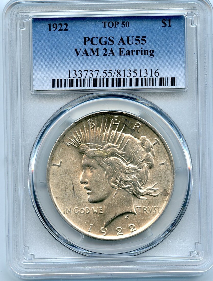 C7435- 1922 VAM-2A EARRING LDS TOP 50 PEACE DOLLAR PCGS AU55: C7435- 1922 VAM-2A EARRING LDS TOP 50 PEACE DOLLAR PCGS AU55 The 1922 VAM-2A Peace Dollar features an LDS Top 50 design, making it a notable variant among collectors. This PCGS AU55 certified coin is 