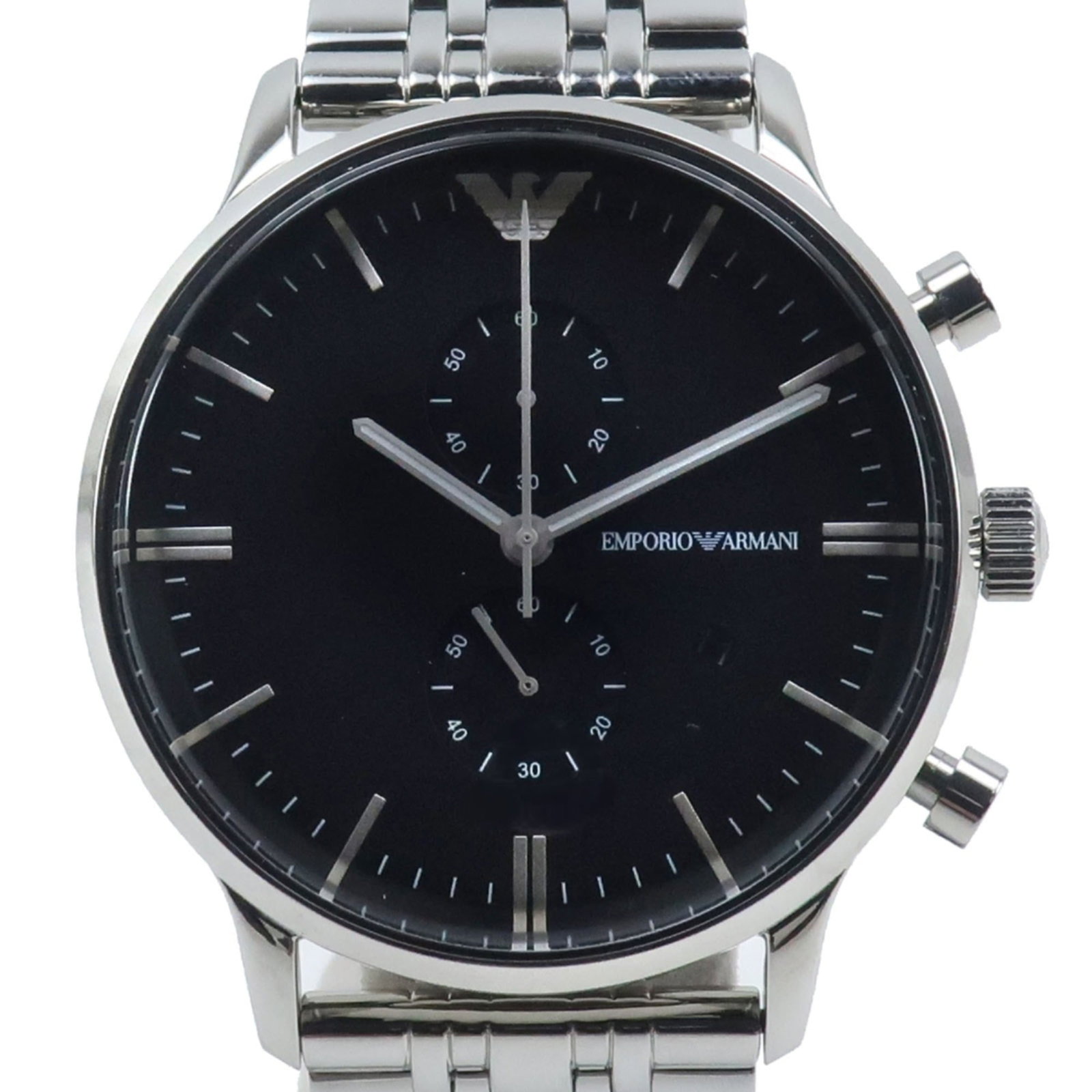 Emporio Armani Wristwatch: Emporio Armani Wristwatch Stainless steel case and band add a sleek touch to this Emporio Armani wristwatch, featuring a black dial. Quartz movement keeps time with precision. The watch's 43mm diamete