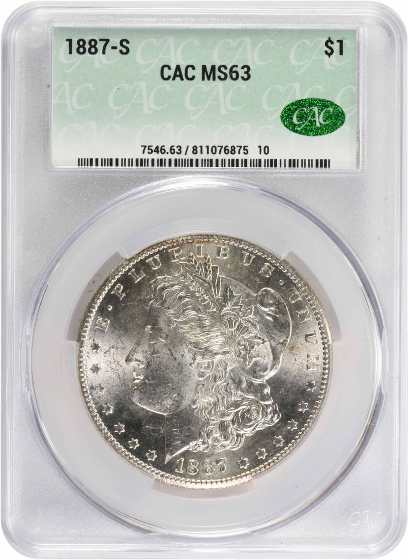 1887-S Morgan Silver Dollar MS63 CACG: 1887-S Morgan Silver Dollar MS63 CACG The 1887-S Morgan Silver Dollar MS63 CACG boasts exceptional condition, with its Circulated/Uncirculated certification and high-grade MS63 designation. This stunn