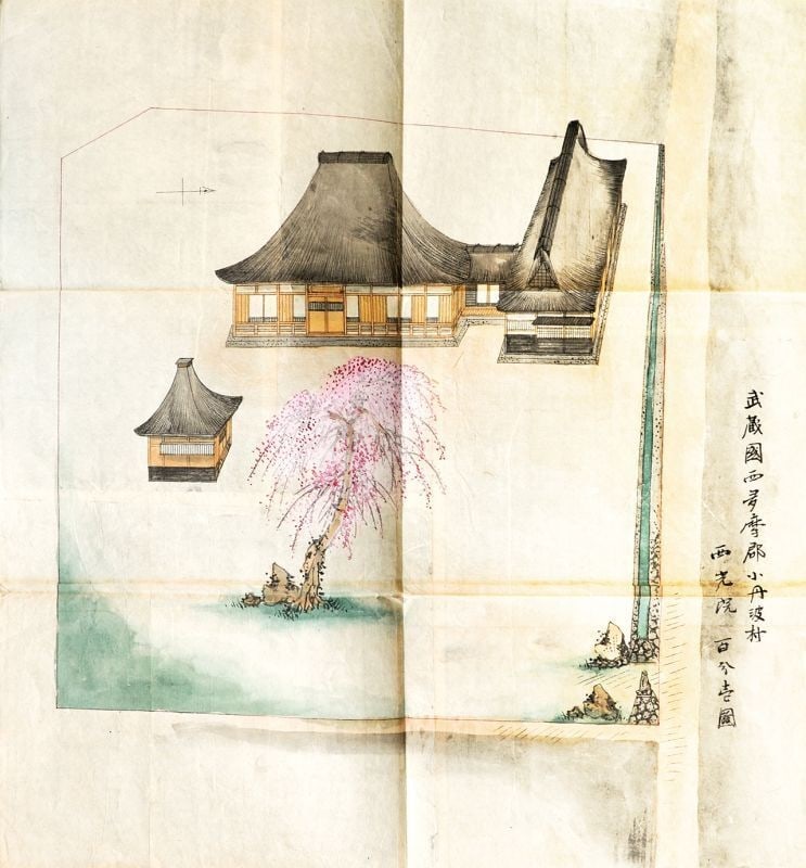 Meiji Era Musashi Kotanaba Antique Japanese Pictorial Temple Shrine Maps (1 of 4)