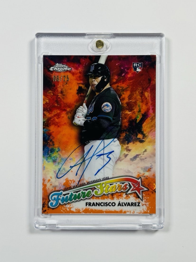 2023 TOPPS CHROME FRANCISCO ALVAREZ #FSA-FA LOGOFRACTOR FUTURE STARS AUTO/ 25: 2023 TOPPS CHROME FRANCISCO ALVAREZ #FSA-FA LOGOFRACTOR FUTURE STARS AUTO/ 25 Signed by Francisco Alvarez, the 2023 Topps Chrome #FSA-FA Logofractor Future Stars auto features a hard signed print from