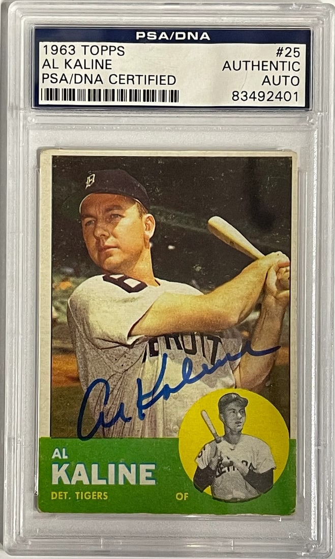 Autographed by Al Kaline 1963 Topps Card #25: Autographed by Al Kaline 1963 Topps Card #25 The 1963 Topps Card #25, featuring the iconic Al Kaline, is a highly sought-after collectible. This card has been expertly authenticated and comes with a P