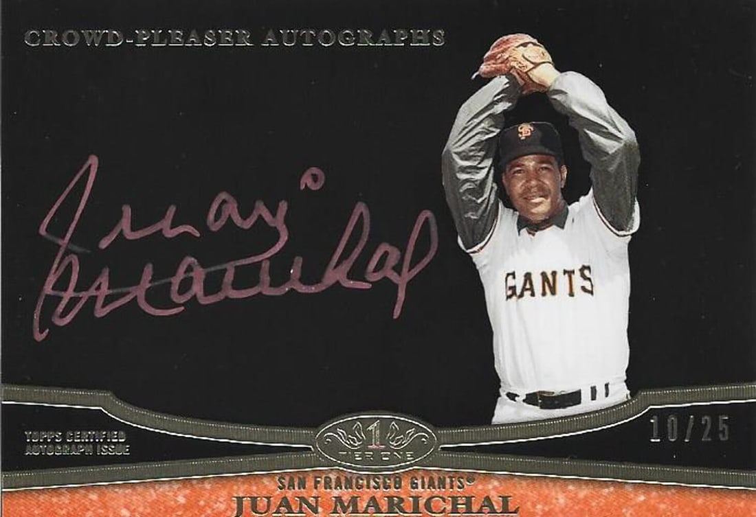 Juan Marichal Autographed Topps Tier One Card #10/ 25: Juan Marichal Autographed Topps Tier One Card #10/ 25 Topps Tier One Card #10/25, featuring the autograph of Juan Marichal. This card showcases the legendary pitcher's signature in a unique and exclus