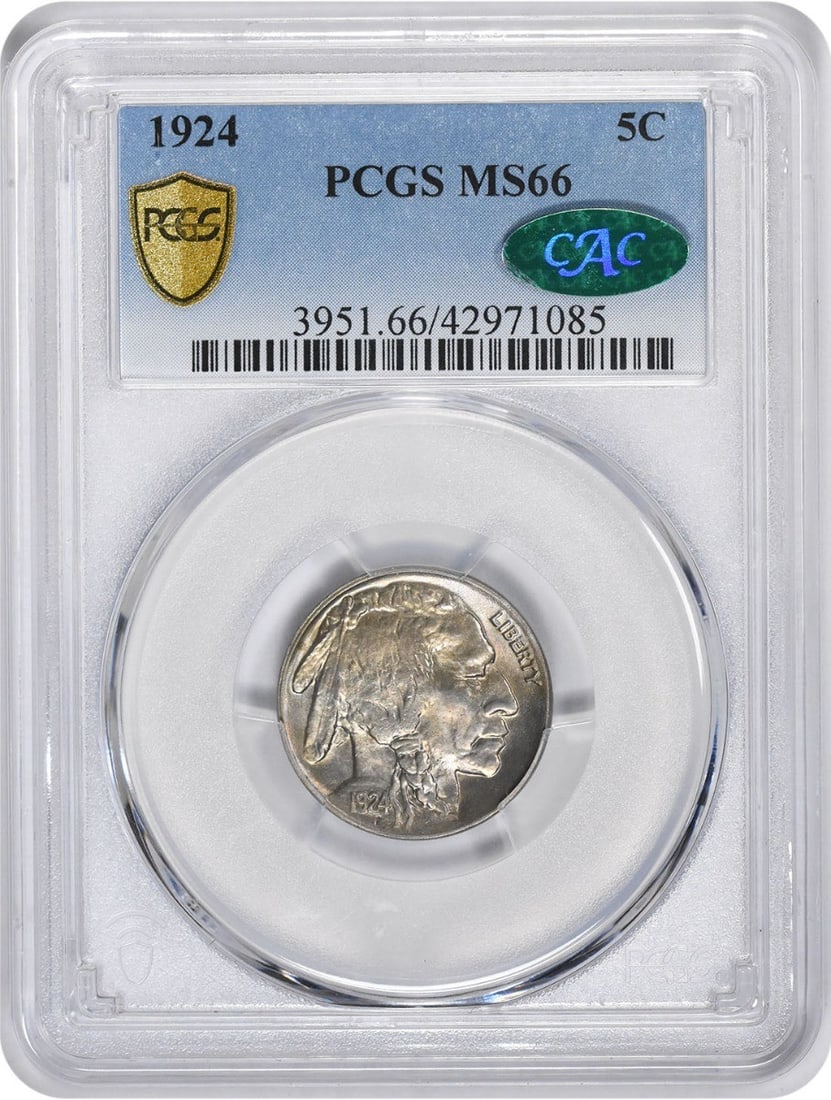 1924 Buffalo Nickel MS66 PCGS (CAC): 1924 Buffalo Nickel MS66 PCGS (CAC) The 1924 Buffalo Nickel MS66 PCGS is a highly graded circulated/uncirculated coin, certified by the Professional Coin Grading Service (PCGS) with an MS66 grade. Thi