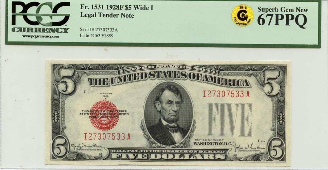 1928F $5 Legal Tender Note FR#1531 Wide I PCGS Superb GEM 67 PPQ GCC Gold (1 of 1)
