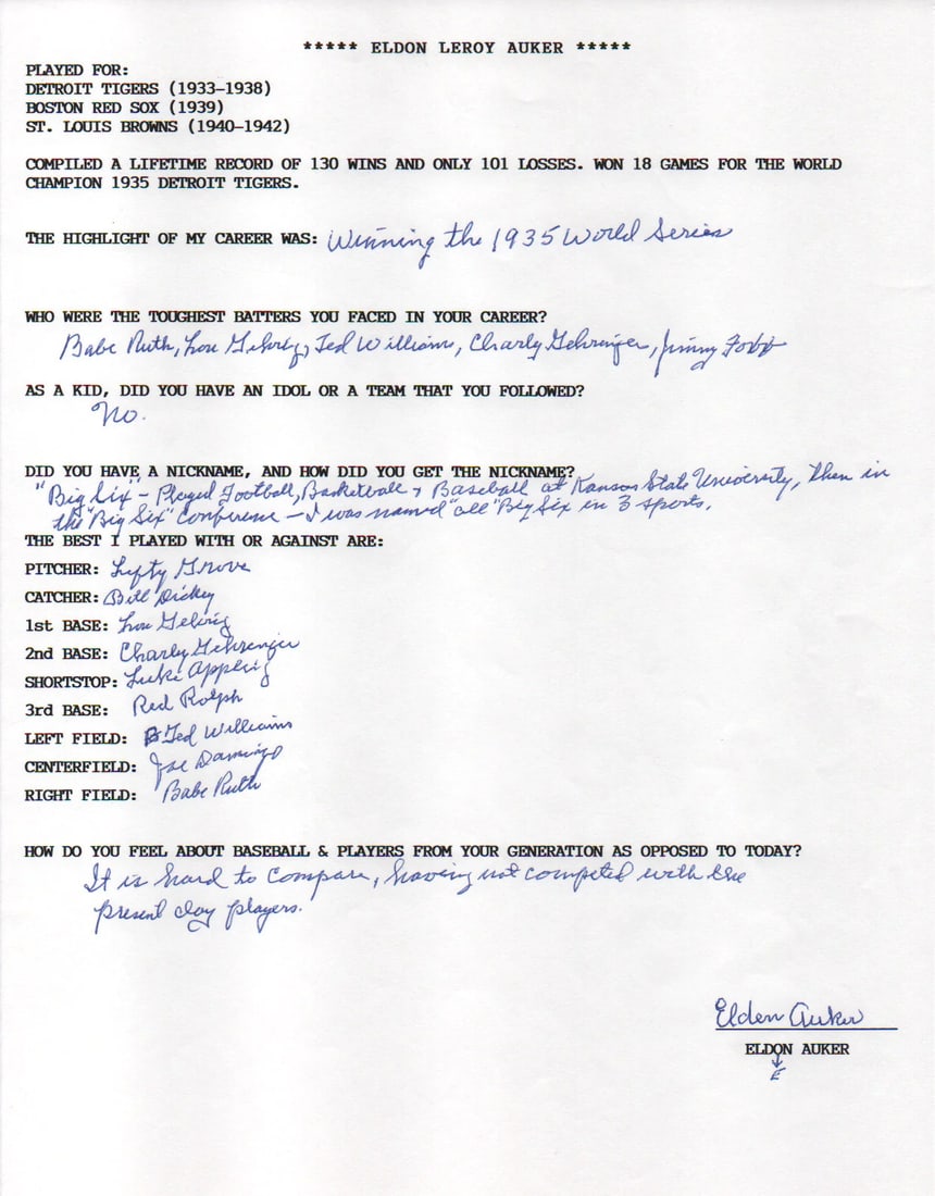 Elden Auker Autographed Hand Filled Out Survey Page (JSA): Elden Auker Autographed Hand Filled Out Survey Page (JSA) Item Specifics: Brand: James Spence Authentication (JSA) Elden Auker Autographed Hand Filled Out Survey Page Signed and filled out inblue pen