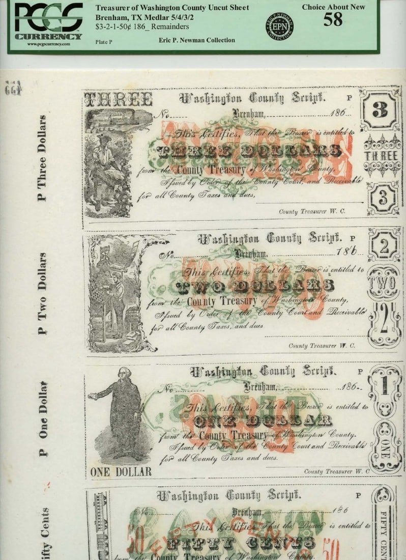 186X $3-50c Brenham, Texas Obsolete Note Washington County PCGS AU58 Uncut Sheet: 186X $3-50c Brenham, Texas Obsolete Note Washington County PCGS AU58 Uncut Sheet PCGS AU58 Uncut Sheet from the 186X $3-50c Brenham, Texas Obsolete Note. This circulated uncirculated sheet features a 