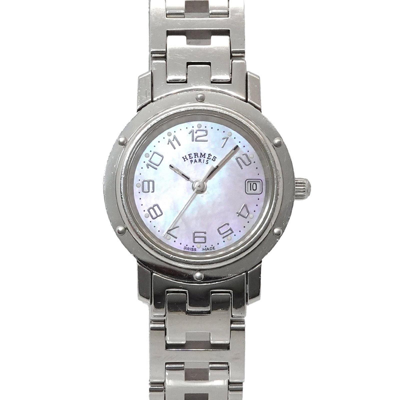 Hermes Wristwatch: Hermes Wristwatch Stainless steel case and band, pink shell dial, quartz movement, and 24mm diameter make for a sleek and modern timepiece. This women's wristwatch from Hermes features a durable