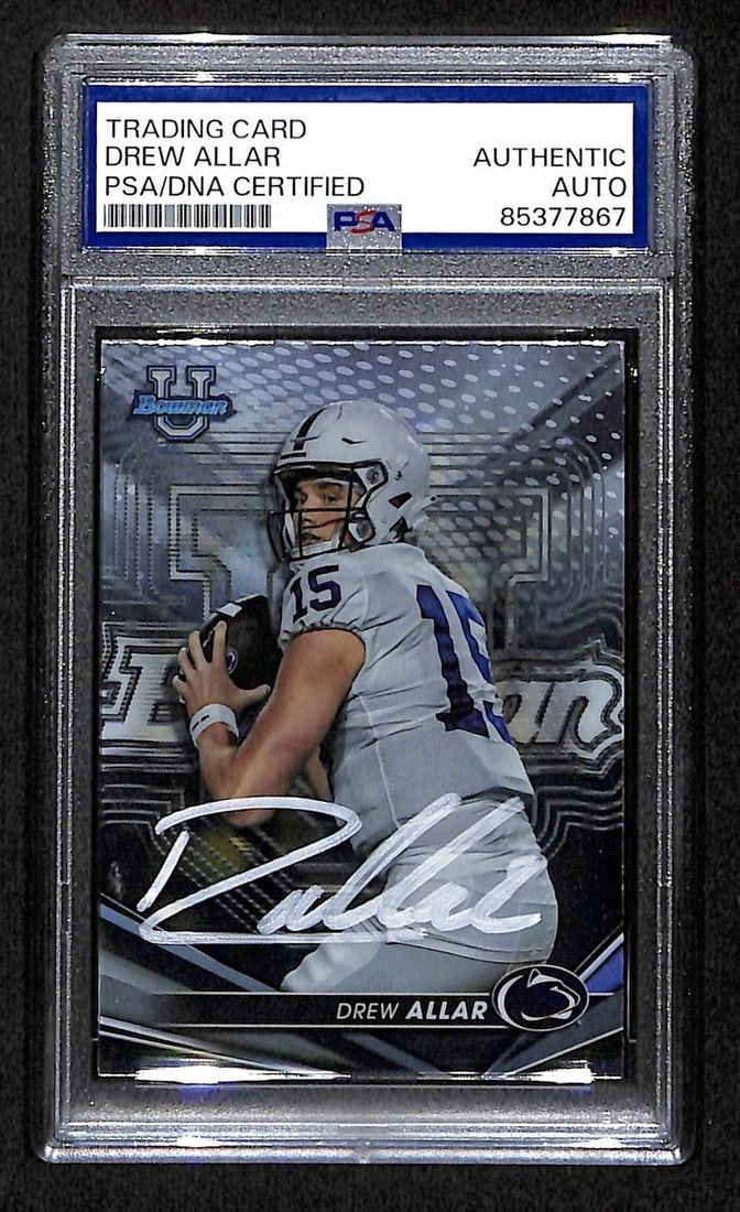Drew Allar Penn State signed card 2022 Bowman best rookie PSA DNA 193361.: Drew Allar Penn State signed card 2022 Bowman best rookie PSA DNA 193361. 2022 Bowman Best Rookie Penn State football card features Drew Allar, the talented quarterback who made a name for himself at