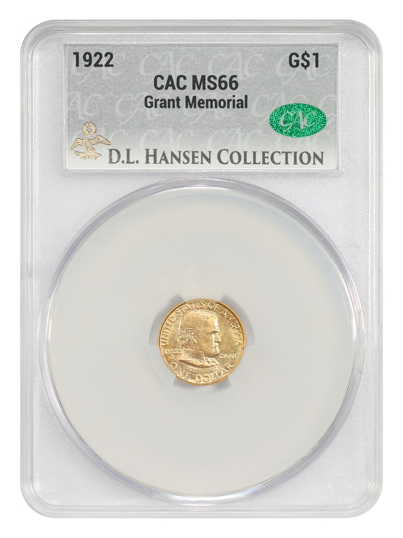 1922 G$1 Grant CACG MS66 ex: D.L. Hansen - Classic Gold Commemorative: 1922 G$1 Grant CACG MS66 ex: D.L. Hansen - Classic Gold Commemorative The 1922 G$1 Grant CACG MS66 ex: D.L. Hansen is an uncirculated gold commemorative coin featuring a stunning design and