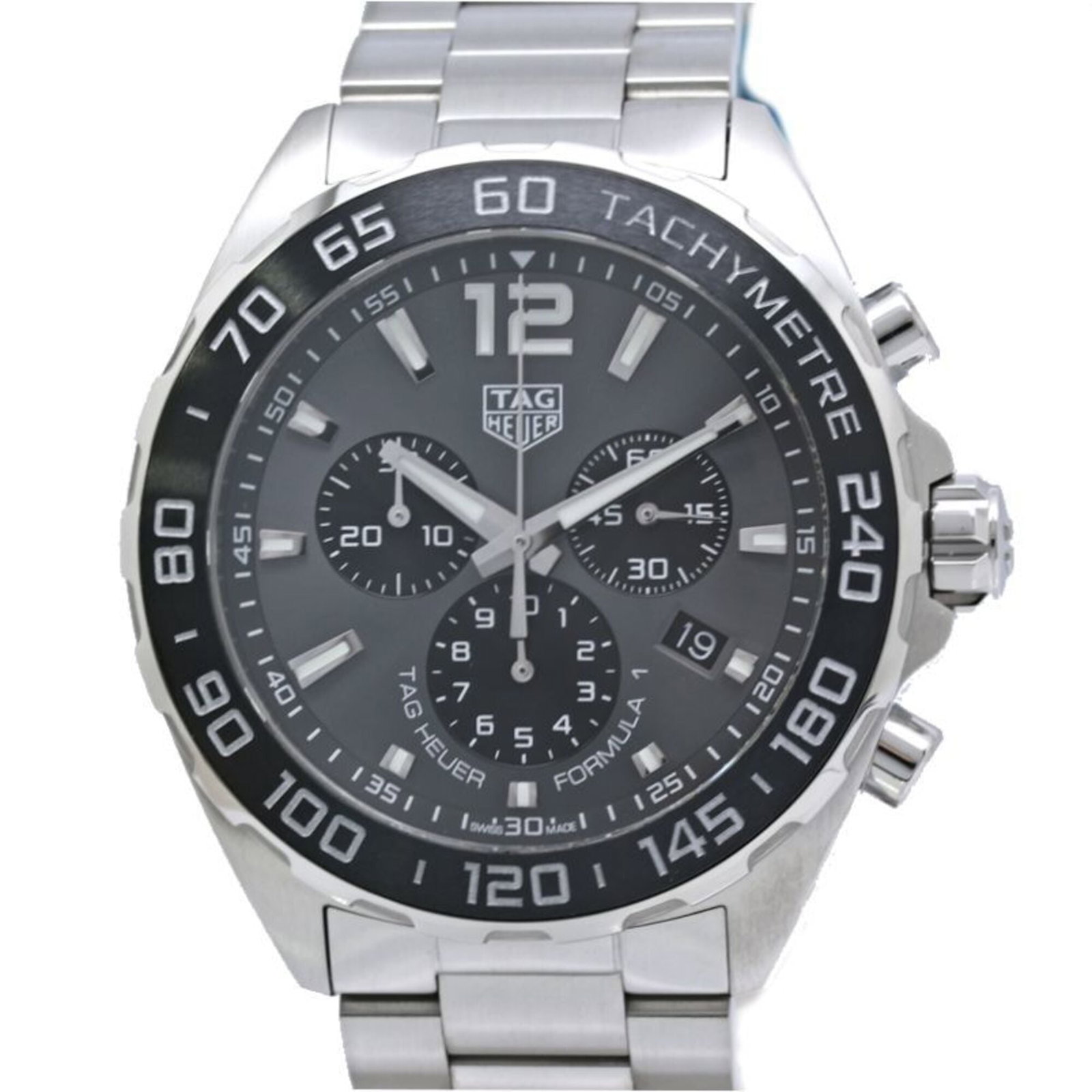 Wristwatch by Tag Heuer: Wristwatch by Tag Heuer The Tag Heuer wristwatch boasts a sleek, gray ceramic dial and stainless steel band, making it a stylish accessory for everyday wear. With its quartz movement and durable