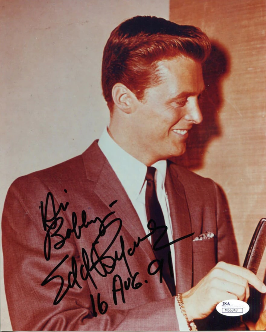 Edd Byrnes Autographed 8x10 Photo (JSA): Edd Byrnes Autographed 8x10 Photo (JSA) Edd Byrnes' iconic 8x10 photo, signed in black across the image. Comes with a certificate of authenticity from James Spence Authentication (JSA), verifying its 