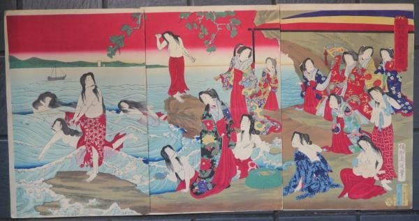 Meiji woodblock print triptych abalone divers 1879 by chikanobu: Meiji woodblock print triptych abalone divers 1879 by chikanobu Item Specifics: Artist: Toyohara Chikanobu Subject: Abalone Divers Sightseeing Coastal Life Material: Washi Paper Woodblock Ink Style: J